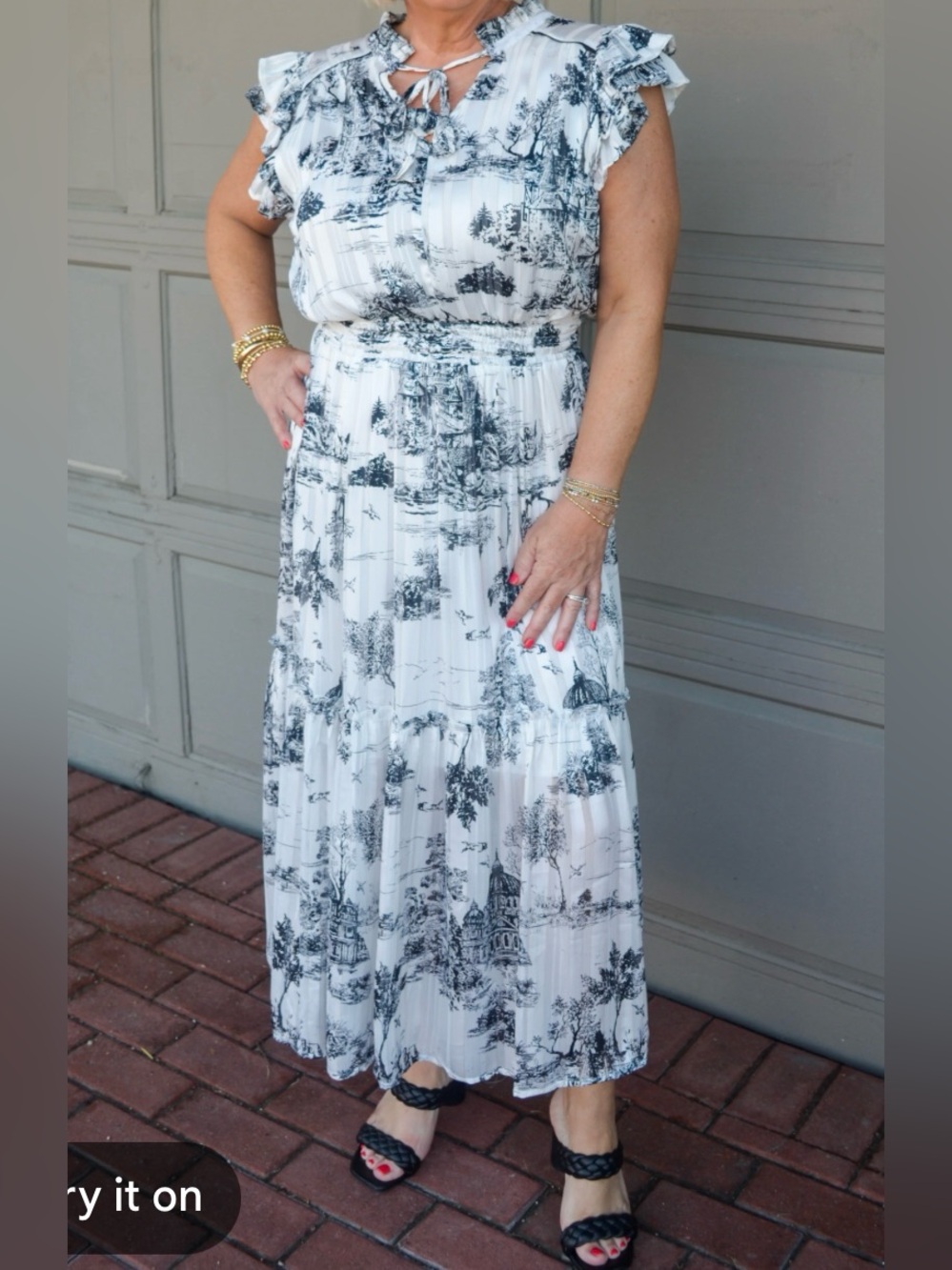 White and Black Toile Flutter Sleeve Maxi Dress